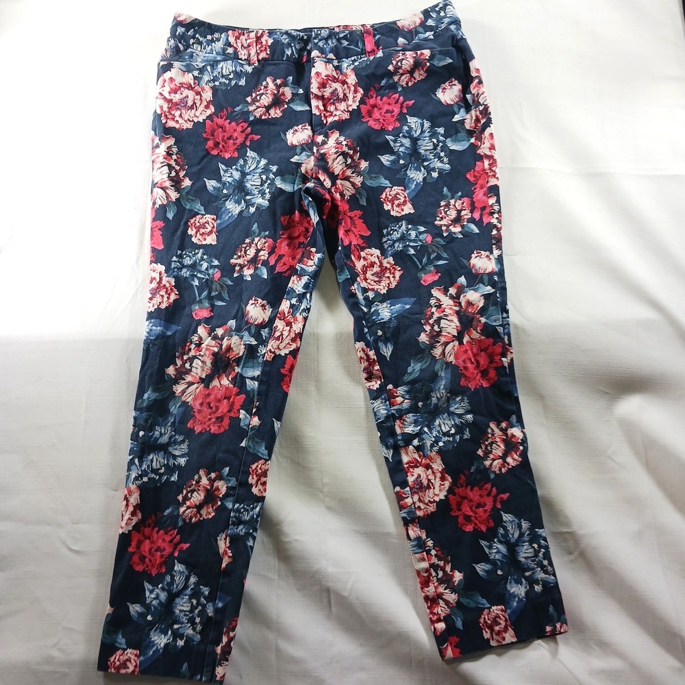 Faded Glory Womens Navy Pink Floral Print Ankle Pants Size 12 Stretch Trousers